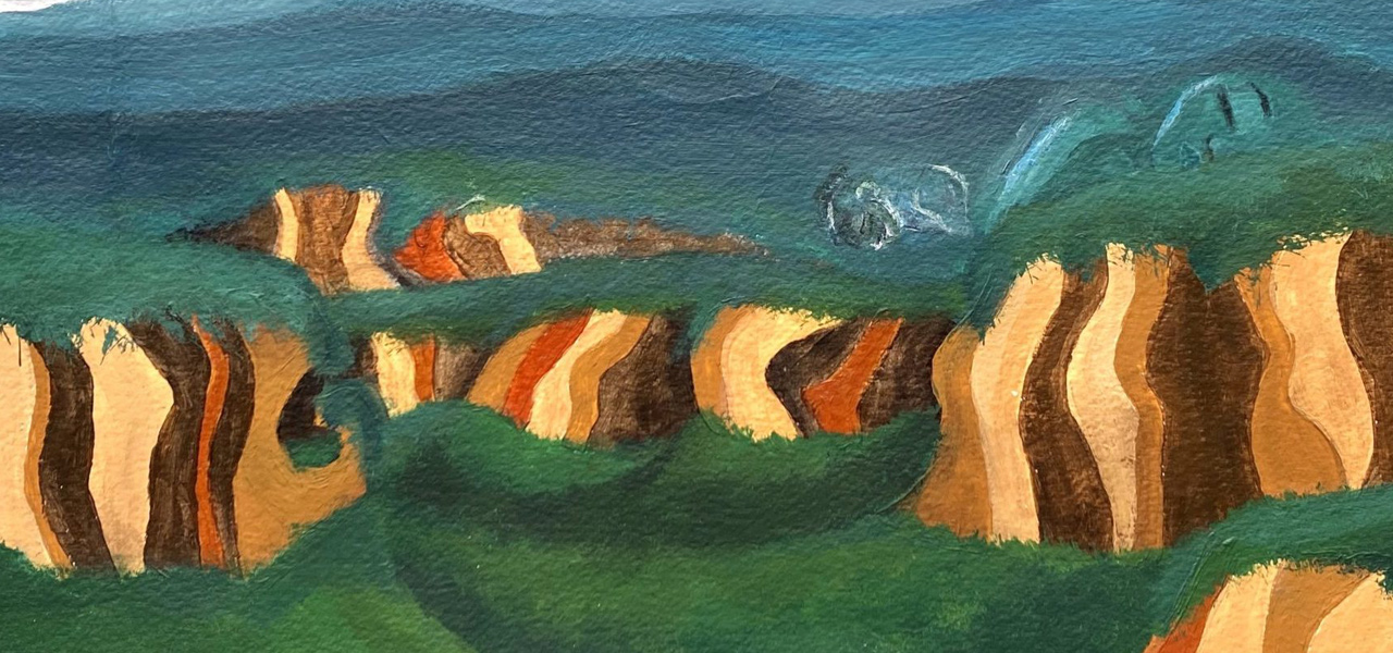 Abstract painting of a landscape with layered cliffs in warm earth tones and green fields. Dark blue sky and flowing lines add a dynamic, serene feel.