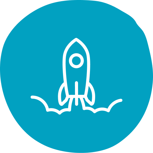 A simple white rocket icon launching upwards with a trail, set against a solid blue circular background, conveying progress and innovation.