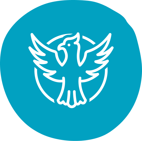 White phoenix logo with outstretched wings inside a circle, set against a solid teal background, conveying a sense of renewal and freedom.