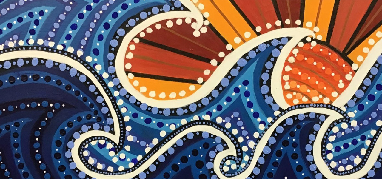 Abstract art with a vibrant sun and wavy ocean. Sun rays in orange and red, blue and purple waves, and white dots create a dynamic, lively scene.