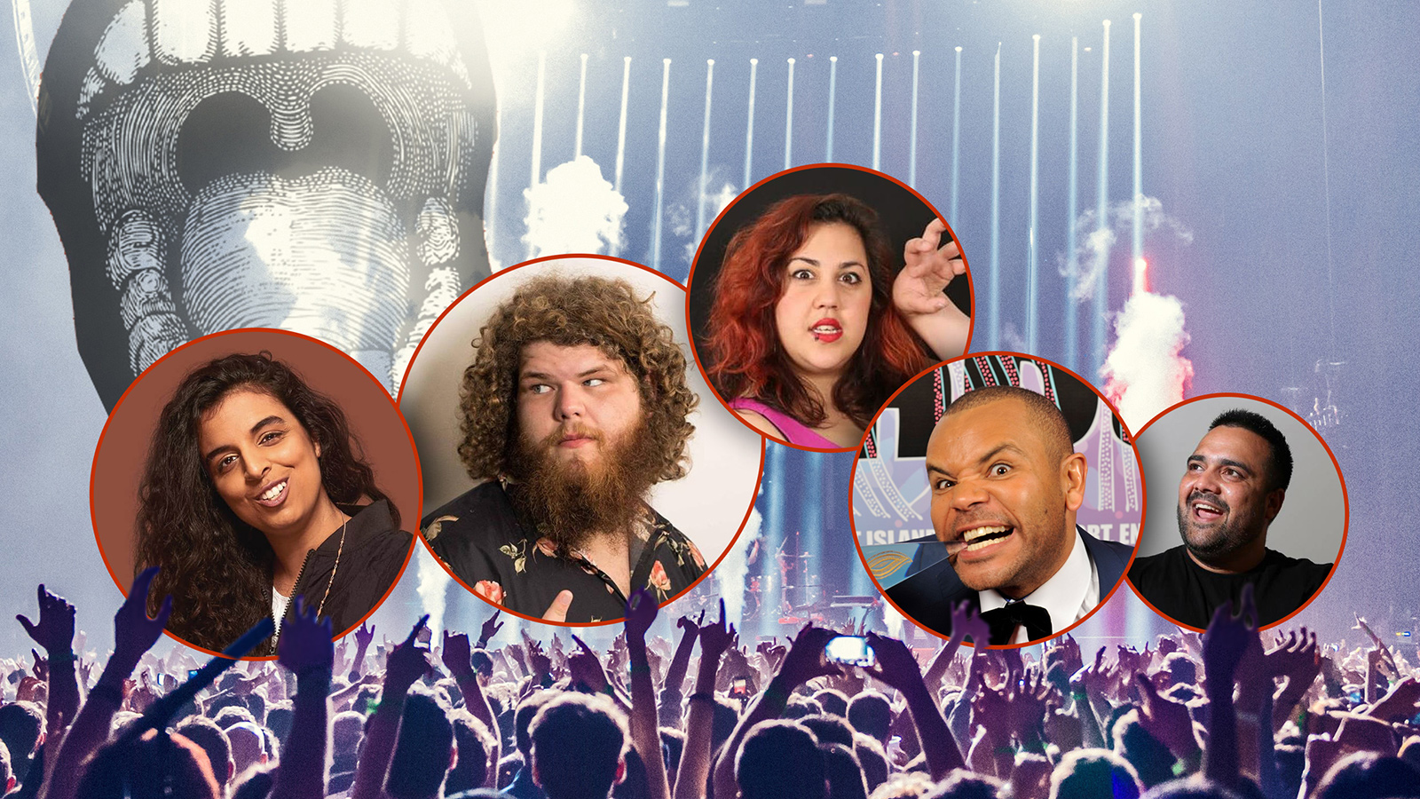 A cheering concert crowd raises hands under stage lights. Above, circular portraits of diverse, animated comedians overlay a giant open mouth graphic. Energetic vibe.