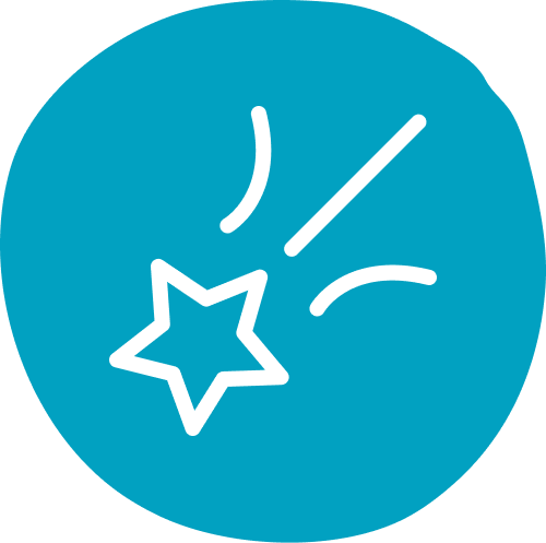 White shooting star with trails against a bold blue circular background. The design is simple, conveying a sense of whimsy and motion.