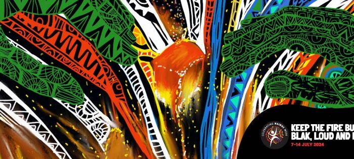 Vibrant artwork with colorful abstract patterns in green, orange, blue, and black. Text reads, "Keep the Fire Burning! Blak, Loud and Proud 7-14 July 2024." Energetic and dynamic.