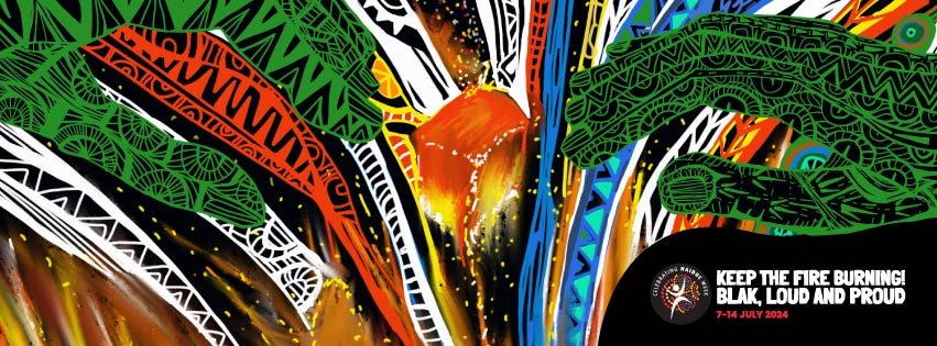 Vibrant artwork with colorful abstract patterns in green, orange, blue, and black. Text reads, "Keep the Fire Burning! Blak, Loud and Proud 7-14 July 2024." Energetic and dynamic.