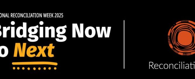 National Reconciliation Week 2025 banner with 'Bridging Now to Next' in bold white and yellow text on a black background, featuring Indigenous art elements and Reconciliation NSW logo.