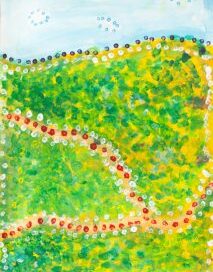 A vibrant abstract painting of green hills with dotted lines in white, red, and blue. The sky is light blue with scattered white spots, conveying a cheerful mood.