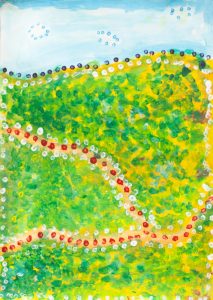 A vibrant abstract painting of green hills with dotted lines in white, red, and blue. The sky is light blue with scattered white spots, conveying a cheerful mood.