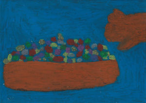Child's drawing of a brown basket filled with colorful flowers against a blue background. A hand reaches toward the basket, creating a playful tone.