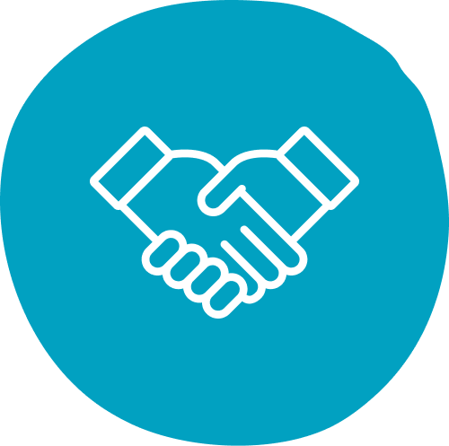 White outline of a handshake on a blue circular background, symbolizing agreement or partnership. The tone is cooperative and positive.