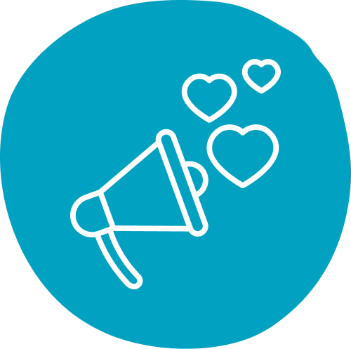 A white megaphone icon with floating hearts emerges from its mouthpiece, set against a bright blue circular background, conveying love and communication.