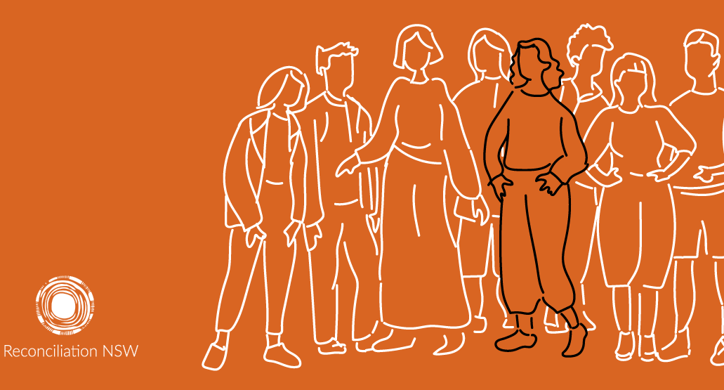 Orange background with an outline of diverse people standing together. Bottom left shows the Reconciliation NSW logo, symbolizing unity and inclusion.
