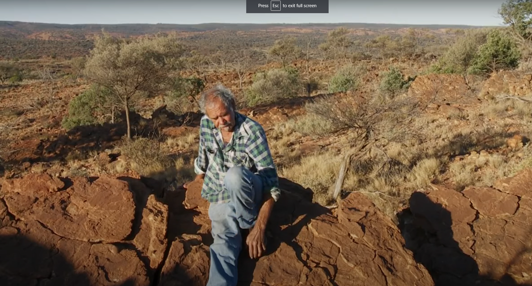 A man in a plaid shirt sits on red rocks, looking down thoughtfully. The landscape is a vast, arid desert with sparse trees under a clear sky.