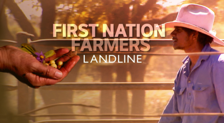 A farmer in a hat leans on a fence in warm sunlight, looking thoughtful. A hand offers small plants. Text reads "First Nation Farmers" and "Landline."