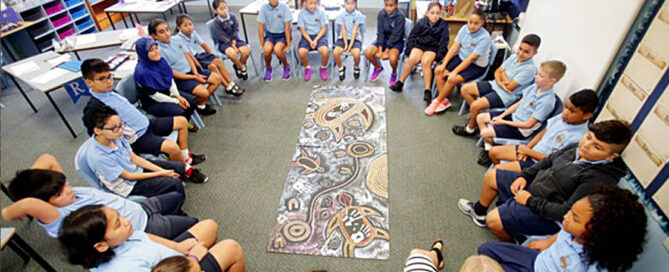 A diverse group of students in blue uniforms sit in a circle, attentively focused on a colorful abstract mural laid out on the floor, fostering a sense of community and learning.