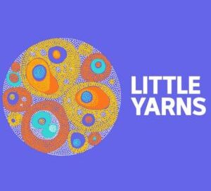 A circular, abstract pattern with overlapping orange, yellow, and blue shapes on a purple background. The text "LITTLE YARNS" is in bold white letters on the right.