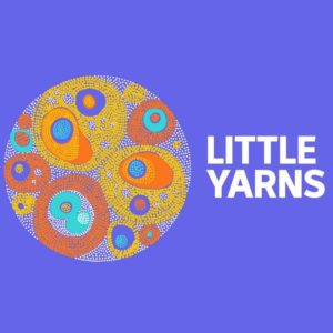 A circular, abstract pattern with overlapping orange, yellow, and blue shapes on a purple background. The text "LITTLE YARNS" is in bold white letters on the right.