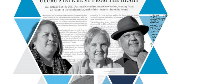 Three people stand in front of the "Uluru Statement From The Heart" text, surrounded by blue and gray geometric triangles, conveying unity and purpose.