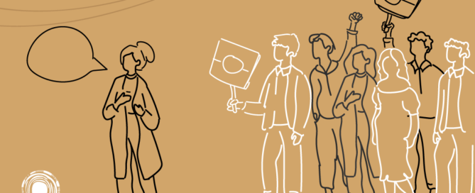 Illustration of a person speaking to a diverse group holding placards and raising a fist. Earthy tones, speech bubble, and Reconciliation NSW logo.
