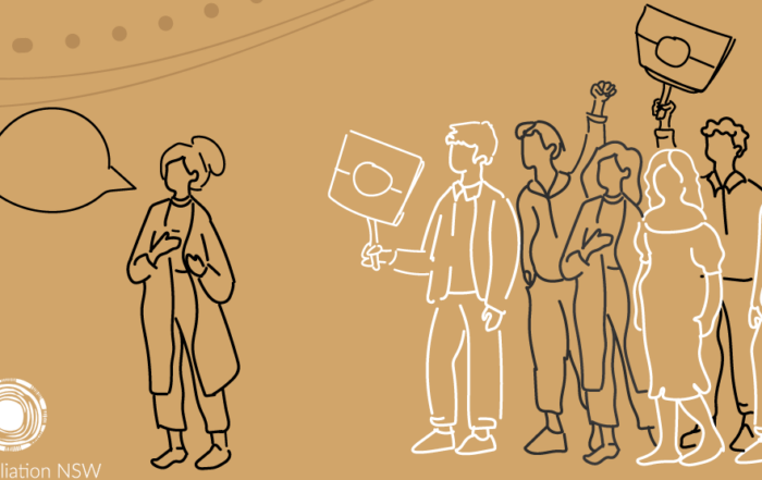 Illustration of a person speaking to a diverse group holding placards and raising a fist. Earthy tones, speech bubble, and Reconciliation NSW logo.