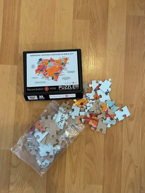 Puzzle box with a map of Aboriginal nations in NSW and ACT on a wooden floor. Pieces are scattered and in a bag, suggesting assembly is in progress.