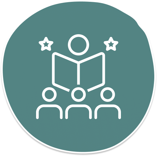 Icon of a person reading to three others, with stars above. Conveys learning, teaching, and inspiration.