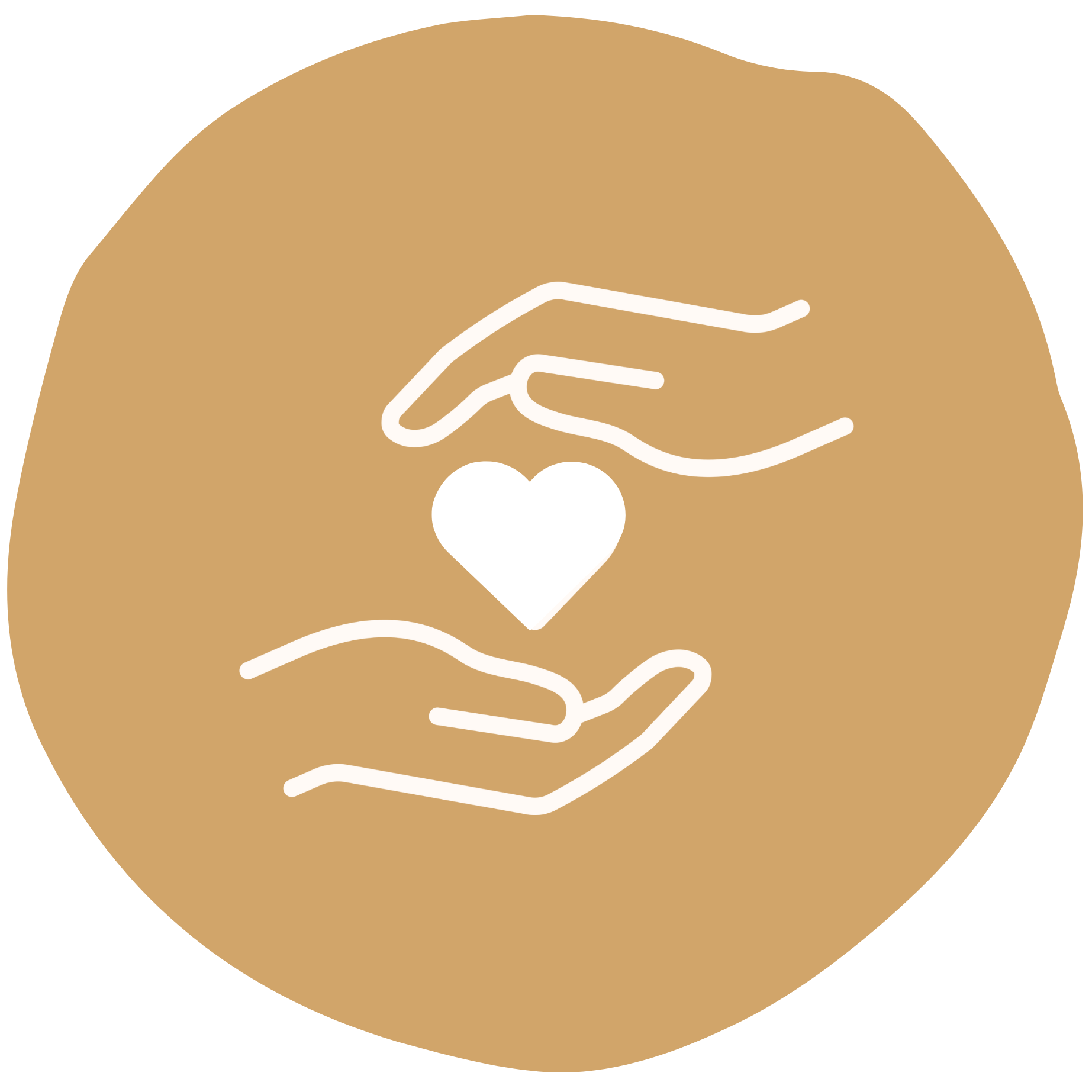 Two stylized brown open hands facing upwards, set against a round mustard yellow background, conveying a sense of offering or care.