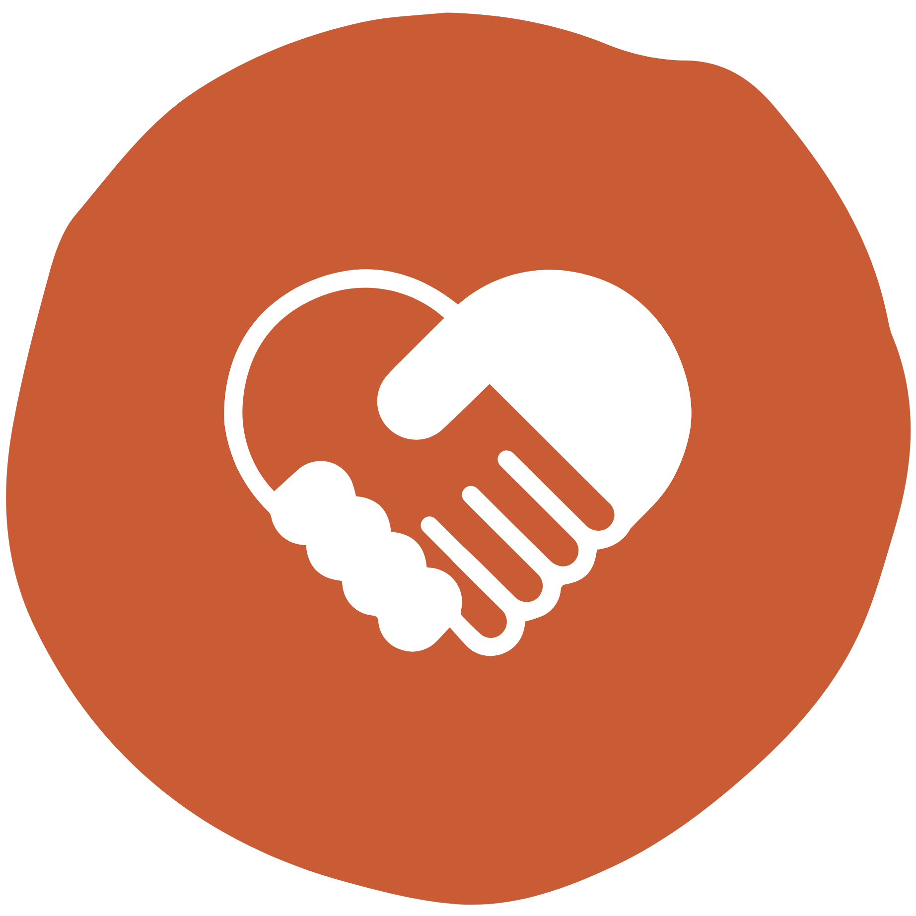Handshake icon in brown against an orange circle background. Sunburst lines above convey agreement or partnership, suggesting cooperation and positivity.