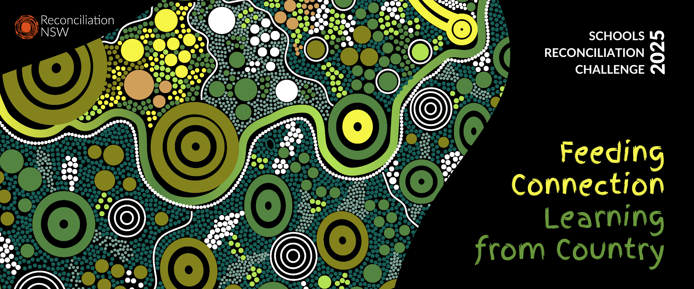 Illustration of three people around a campfire, smoke forming words about legacy and healing. Starry night sky, emus by a tree. Text: “2024 Schools Reconciliation Challenge, Learning from Legacy, Healing Our Country.”